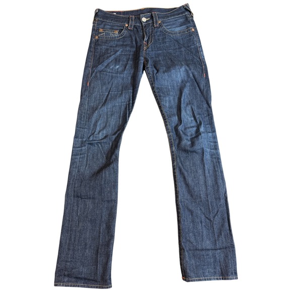 True Religion Jeans Bobby Straight Bootcut Mens Size 33x34 Distressed Denim Dark - Picture 1 of 4